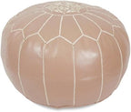 Stuffed Round Design Moroccan Leather Pouf Ottoman, Handmade, Pre-Filled, 100% Genuine Leather, 13” Height x 20” Diameter, Footstool & Living Room Décor (Light Brown)