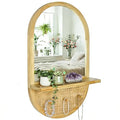 Wood Wall Mirror with Hooks and Shelf, 30x18 Inch, Oval | Boho Style, Removable Shelf, Solid Wood Framed, Handmade Rattan Decor, For Entryway, Bathroom, Nursery, Bedroom, Living Room