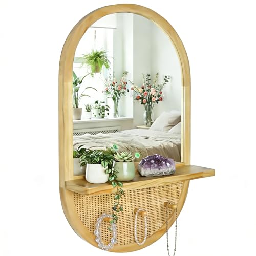 Wood Wall Mirror with Hooks and Shelf, 30x18 Inch, Oval | Boho Style, Removable Shelf, Solid Wood Framed, Handmade Rattan Decor, For Entryway, Bathroom, Nursery, Bedroom, Living Room