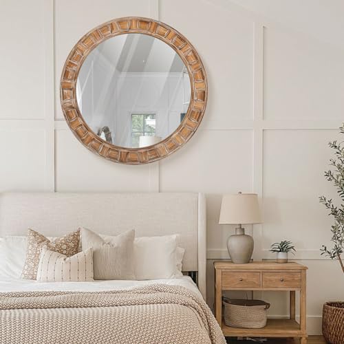 30 Inch Brown Solid Wood Round Wall Mirrors, Decorative Circle Mirror for Bathroom, Bedroom, Living Room, Hallway, Foyer, Entryway - color: B - Circle -30x30 in