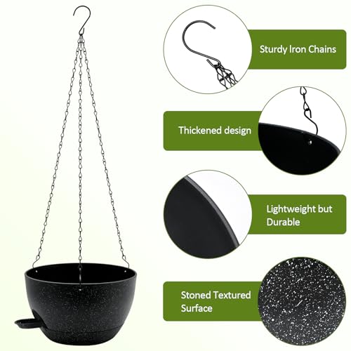WOUSIWER Self Watering Hanging Planters, 2 Pack 10'' Plastic Pots with Drainage Holes & Reservoir Tray (Speckled Black) | Indoor & Outdoor Use for Ferns, Ivy, Herbs, Succulents - color: Black Speckled, size: 2 Pack 10 inches