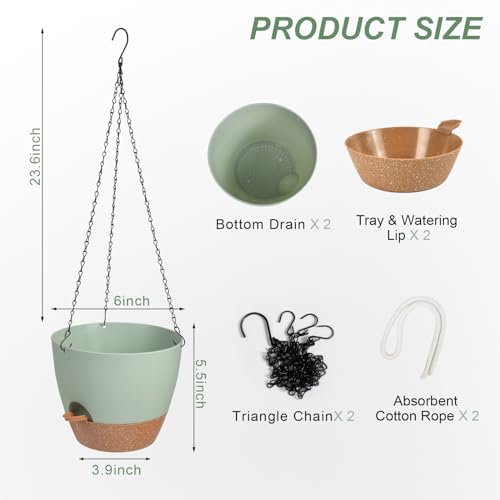 Vanslogreen Hanging Planters for Indoor Outdoor Plants, 2 Pack Self Watering Hanging Pot with Drainage Holes & Removable Tray (Green, 6'') - color: Green, size: 6''