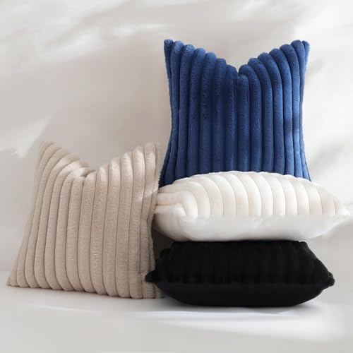 decorUhome Fall Cozy Faux Fur Throw Pillow Covers 26x26 Set of 2 Decorative Soft Plush Striped Modern Farmhouse Boho Couch Euro Sham Pillow Cases with Velvet Back for Sofa Bed Living Room, Beige - color: Beige, size: 26" x 26" (Pack of 2)