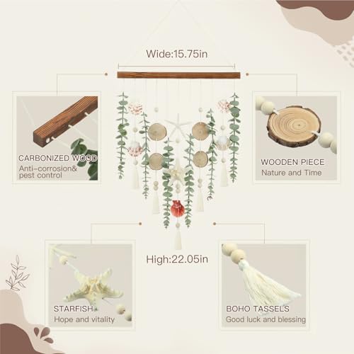 Boho Coastal Wall Decor, Artificial Eucalyptus Beach Wall Hanging with Seashell & Starfish, Rustic Carbonized Wood Stick Ornament for Bathroom Bedroom Living Room Kitchen Dining Home Decoration - color: Advanced Carbonized Wood-ocean Series