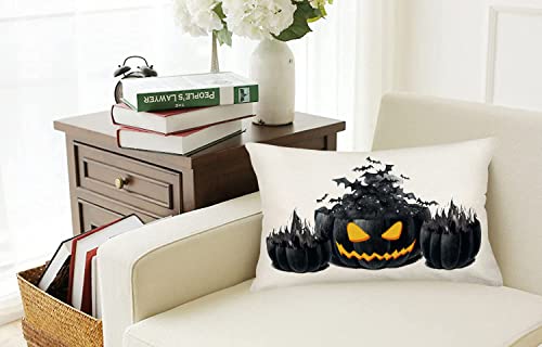 Halloween Pumpkin Pillow Covers Cotton Linen Jack-o-Lantern with Bat Magical Fire Throw Case Decorative Cushion Cover 12''x20'' Black Evil Wicked Waist Pillowcases (E-450) - color: Black Jack-o-lantern
