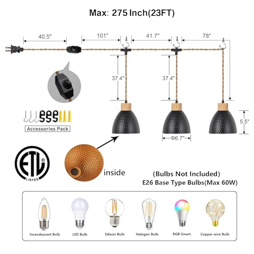 3-Light Plug in Pendant Light 22FT Industrial Hanging Lamp with Twisted Hemp Rope Independent Triple Switch Hanging Light Chandelier for Dining Room Kitchen, Black Finish - color: A 3 Lights