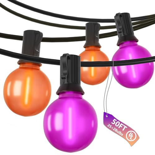 50ft Halloween Outdoor String Lights, G40 LED Halloween Globe Lights with 27 Frosted Orange and Purple Bulbs(2 Spare) for Outdoor Indoor Patio Yard Roofline Decorations, E12 Socket, Black Wire - color: Frosted Orange Purple, size: 50FT