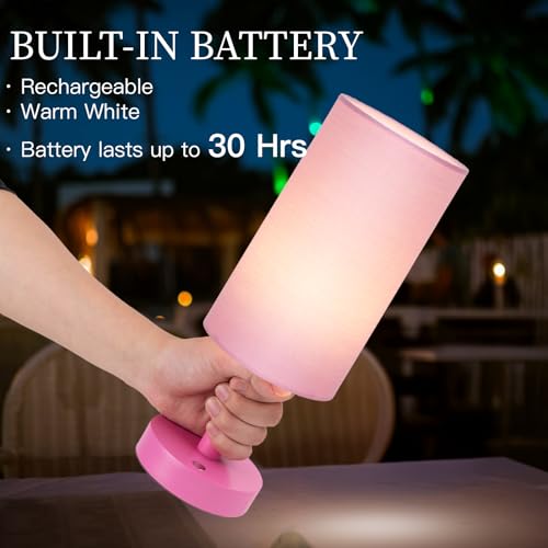 LALISU Small Table Lamp Nightstand Lamp Linen Lampshade Bedroom Wood Base Small Bedside Lamp for Night Stands, Desk Lamps for Reading Living Room, Office (LED Bulb Included) (Pink) - color: Pink