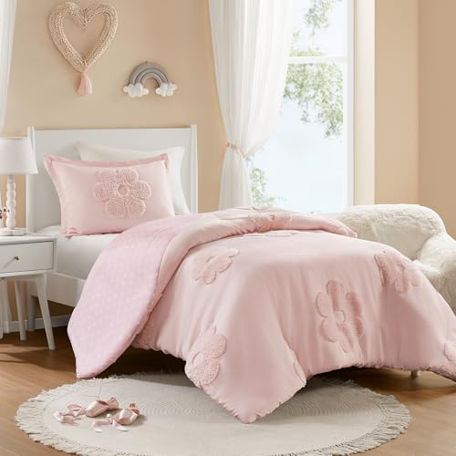 Intelligent Design Kids Twin Duvet Cover Set for Girls, Tufted Chenille Floral Duvet Set Twin, Lightweight Duvet Reversible Bedding Cover - color: Pink, size: Twin