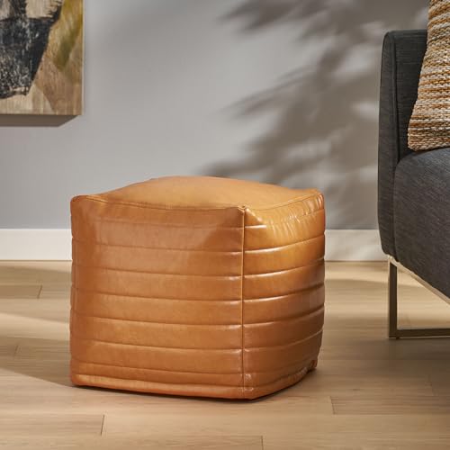 GDFStudio Contemporary Faux Leather Channel Stitch Pouf Ottoman Foot Stool - Bean Bag Floor Chair - Foot Rest Couch for Living Room Bedroom,Caramel Cube,16"" x 16"" x 16"", Conrai,caramel, 314802N - color: Caramel, size: 16"