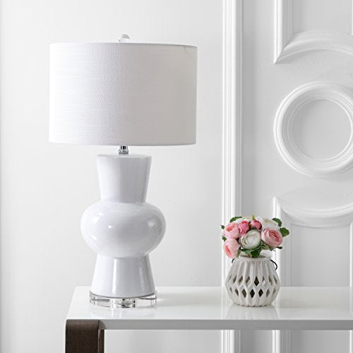 JONATHAN Y 28.5" White Ceramic Table Lamp for Living Room Bedroom Nightstand, Modern Hourglass LED Bedside Lamp with Crystal Base and Linen Shade JYL4027A - color: White
