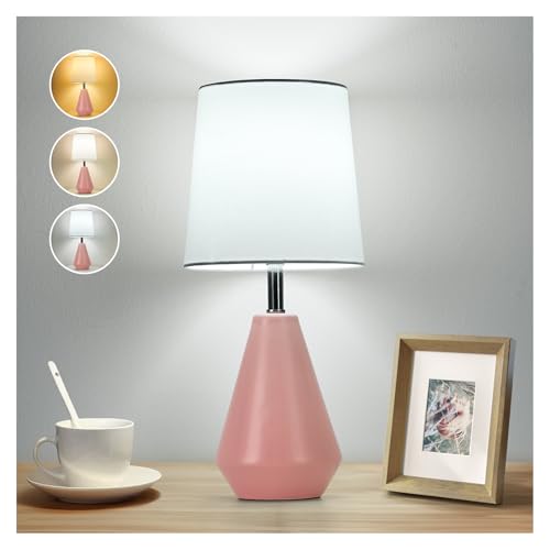 Small Bedside Table Lamp for Bedroom - Reading Desk Lamp with 3 Color Temperatures，15.5" Nightstand Ceramic Lamp with Fabric Shade for Kids Room,Living Room,Dorm,Home Office (Pink+White) - color: Pink+White-1, size: 15.5"