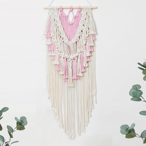 HVEST Pink Macrame Wall Hanging Boho Wall Decor Pink and Beige Tassel Woven Tapestry for Bedroom, Bohemian Tapestry for Girl Kids Room Living Room Nursery Dorm Wall Art Decor, 27L X 13W inches - color: Pink