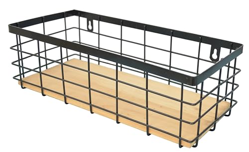 ShabbyDecor Metal Wire Basket Detachable Wood Base Storage Organizer Farmhouse Hanging Basket for Kitchen Cabinets, Bathroom, Pantry, Laundry Room,1 Pack in Black Color,Medium Size - color: Black, size: Medium