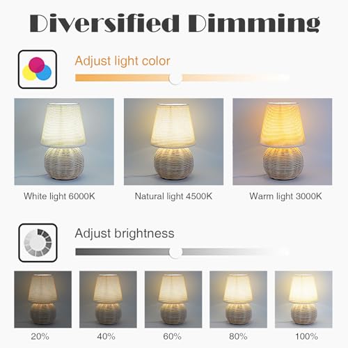 Vintage Small Wicker Lamp, Rattan Body Fabric Lampshade, Adjustable Light Color and Brightness, Power-Off Memory, Safe USB Powered, Boho Style Night Light for Bedroom Living Room (FlaxYellow) - color: FlaxYellow