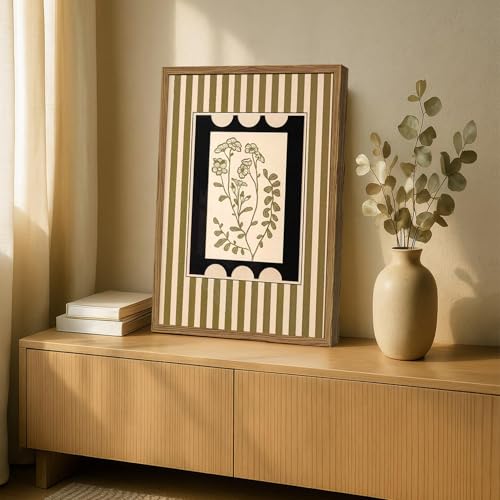 Vintage Boho Floral Wall Art Modern Botanical Flower Wall Decor Painting, Mid Century Plant Striped Poster Canvas Print Picture for Living Room Bedroom 12x16 inch Wood Framed - color: Floral D, size: 16"L x 12"W
