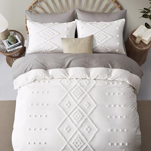 Oli Anderson Tufted Duvet Cover Queen Size, Soft and Lightweight Duvet Covers Set for All Seasons, 3 Pieces Boho Embroidery Shabby Chic Bedding Set (White, Queen, 90" x 90") - color: White, size: Full/Queen(90"×90")