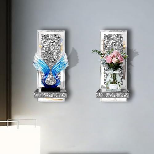 ZOLAPI Set of 2 Crystal Crush Diamond Candle Sconces, Gorgeous Silver Mirrored Wall Sconce, Candle Holder Glass Wall Decorations for Home Décor, Living Room, Dining Room. 1A - color: Silver Mirror ①a
