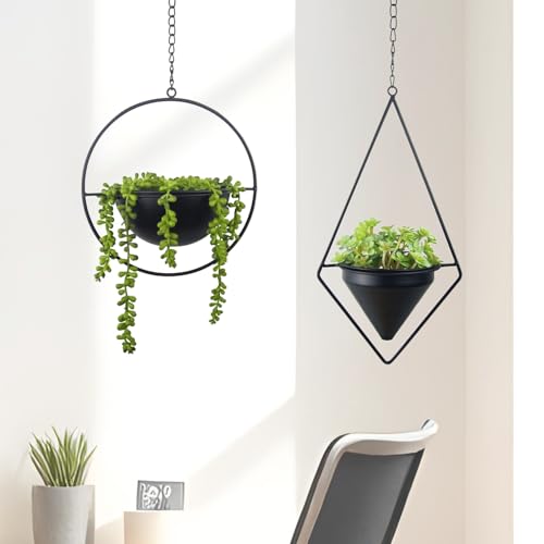 Metal Hanging Planters Set of 2 Modern Indoor Plant Hanger with Round and Diamond Pots, Geometric Small Wall and Ceiling Hanging Plant Holders for Succulents and Herbs, Black Finish - size: CIRCLE+DIAMOND
