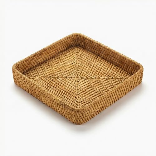 8.3" x 8.3" Wicker Tray, Woven Decorative Tray, Square Rattan Tray Bathroom Vanity Tray Catchall Organizer for Perfume Skincare Jewelry Coffee Bar Kitchen Counter Nightstand Living Room (Square S) - color: Natural Square S (8.3" × 8.3" )