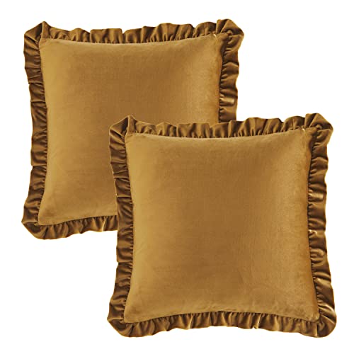 GIGIZAZA Pack of 2 Dark Gold Throw Pillow Covers 18x18 Decorative Ruffle Velvet Cushion Cover for Couch Pillowcase - color: Dark Gold, size: 18" x 18" (Pack of 2)