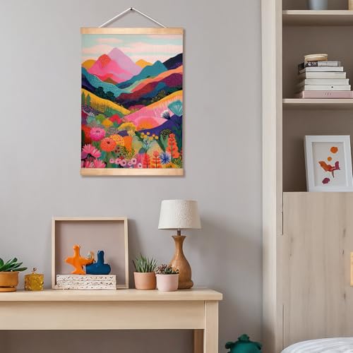 HEYJEEPER Colorful Landscape Wall Art, Vibrant Mountain & Floral Nature Poster, Boho Abstract Wall Hanging Decor,Colorful Landscape Wall Artfor Living Room, Bedroom, Office 18.5x14Inch - color: Red-Mountain
