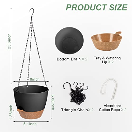 Vanslogreen Hanging Planters for Indoor Outdoor Plants, 2 Pack Self Watering Hanging Pot with Drainage Holes & Removable Tray (Black, 8'') - color: Black, size: 8''