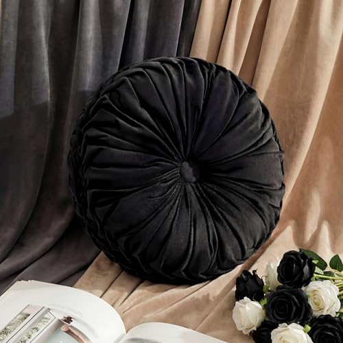 Drydiet 1 Pcs Round Throw Velvet Pillows Decorative Pleated Throw Pillows Diameter Accent Pumpkin Boho Chair Cushion for Couch Sofa Home Decoration (Black,15'') - color: Black, size: 15''