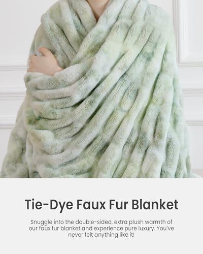 Faux Rabbit Fur Throw Blanket, Ultra Soft Plush Cozy Blanket for Couch Bed, Thick Fluffy Ruched Tie-Dye Decorative Blanket, Giftable,60"x80",Tie-Dye Sage - color: Tie-dye Sage, size: Twin(60"x80")
