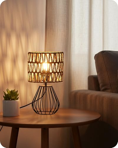 Rattan Table Lamp, Boho Table Lamp, Small Bedside Lamp, Handwoven Paper Lampshade, 2700K LED Bulb Included, Boho Desk Lamp, Modern Nightstand Lamp for Bedroom, Living Room, HW06TL05 - color: Mesh + Black
