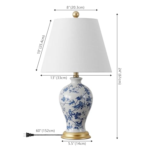 JONATHAN Y 24" Blue/White French Country Ceramic Floral Urn Table Lamp, White Linen Shade, Chinoiserie Ginger Jar Bedside Lamp for Living Room Bedroom, LED Bulb (JYL3009B) - color: Blue/White