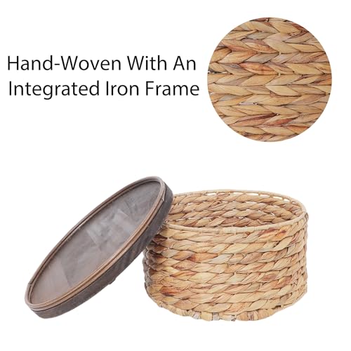 Water Hyacinth Storage Basket with Wooden Lid, 10.2" D x 5.1" H Handwoven Round Organizer for Shelf, Closet & Pantry (Medium) - size: Medium