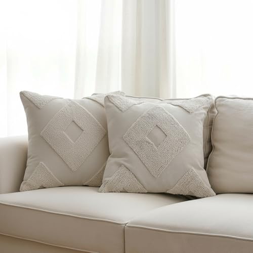 Snugtown 18 x 18 Inches Pack of 2 Woven Tufted Boho Throw Pillow Cover, Cream Modern Decorative Geometric Cushion with, Farmhouse Tribal Pillowcase for Couch Sofa Bedroom Living Room, Off White