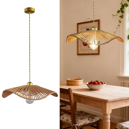 Boho Rattan 16-inch round Pendant Light E26 lamp holder,height adjustable Restaurant chandelier Rattan light fixture Chandelier Woven Hanging Light Fixture for Bedroom Entryway Kitchen Island - color: Light brown-10, size: 16-inch