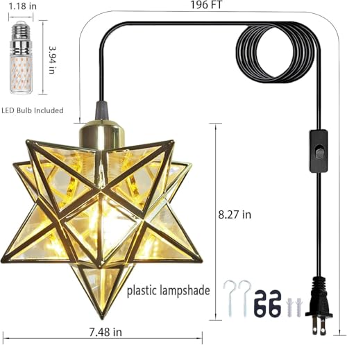 AECBUY Gold Ceiling Pendant Hanging Lamp, Metal and Clear PVC Star Pendant Light, Vintage Hanging Lamp Plug in Cord and Switch for Dining Room Living Room Bedroom - color: Gold