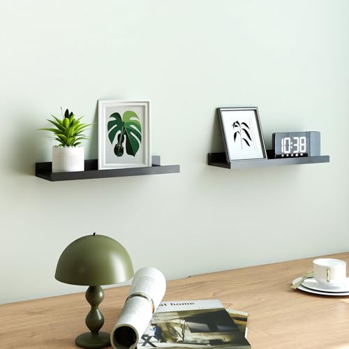 Black Floating Shelves for Wall Decor, Wall Mounted Wood Storage Shelf for Bedroom, Living Room, Bathroom, Kitchen, Nursery, Display Picture Ledge Shelf with Lip Set of 2-14 Inches, Black - color: Black, size: 13.6in