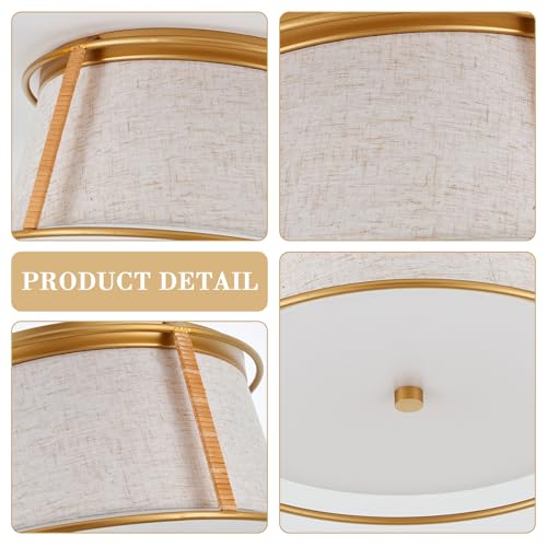 VILUXY Gold Semi Flush Mount Ceiling Light Fixture, 13’’ Modern Close to Ceiling Lights with Beige Fabric Linen Drum Shade 3-Light Round Ceiling Lamp for Bedroom Hallway Nursery Kids Room Entryway - color: Beige & Rattan