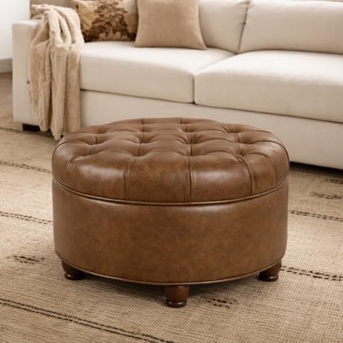 HomePop 25" Button Tufted Round Storage Ottoman - Brown Faux Leather - color: Light Brown