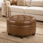 HomePop 25" Button Tufted Round Storage Ottoman - Brown Faux Leather - color: Light Brown