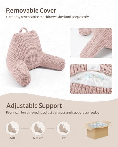 Blissful Diary Reading Pillow, Large Backrest Pillow with Shredded Memory Foam for Adult & Children, Designed for Bed and Couch Sitting Up, Includes Arms, Pockets and Washable Cover, Pale Pink - color: Textured Pale Pink, size: Large(20inch)