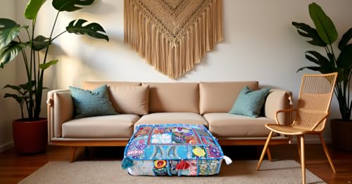 CRAFT KALA Indian Square Patchwork Traditional Pouf Cover Indian Living Room Poufs Decorative Embroidered Designer Ottoman Home Living Footstool Chair Cover Decor Pillow Cover 18x18x5 inches, Sky Blue - color: Sky Blue, size: 18"D x 18"W x 5"H