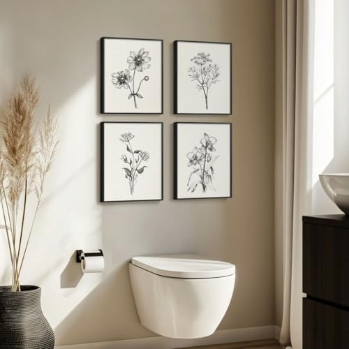 Framed Black and White Bathroom Wall Art, 4 Piece Vintage Floral Canvas Prints Artwork for Farmhouse, Rustic Minimalist Flower Botanical Pictures for Bedroom Living Room Wall Decor, 8x10x4 (Pack) - color: Sketch - Black Framed, size: 8" W x 10" H x 4pcs