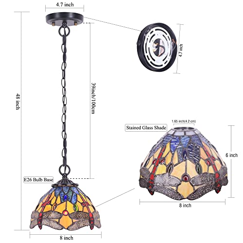 Small Tiffany Pendant Light 8 inch Tiffany Style Stained Glass Pendant Hanging Lamp Small Vintage Hanging Light Fixtures for Home Living Room Restaurant Hallway (Yellow Dragonfly Style) - color: Red Dragonfly Yellow Style
