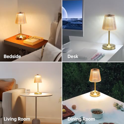 Shenmoyl Cordless Touch Table Lamp with 5200mAh Battery - 3 Adjustable Color Temperatures & Dimmable, Rechargeable Desk Lamp for Bedroom, Living Room, Office, Entryway, Bookshelves (Amber Stripe) - color: Amber Stripe