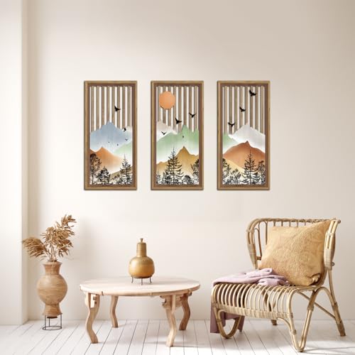 KAIRNE Mountain Landscape Wooden Wall Decor Set or 3(16”X8”) Framed,Boho Orange Wood Hanging Decor,Nature Bohemian Wall Art,Vintage Farmhouse Wooden Sign for Bedroom Living Room Office Decoration - color: Mountain, size: 8"L x 16"W