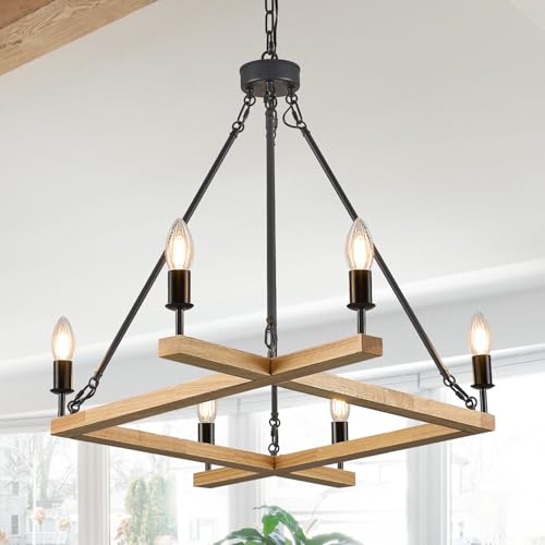 L45'' Natural Farmhouse Square Wood Chandeliers Rustic 6-Light Unique Rectangular Candle Chandelier Long Ceiling Pendant Light for High Ceiling Living Dining Room Foyer Kitchen Island,E12 - color: Natural, size: 45 inches