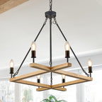 L45'' Natural Farmhouse Square Wood Chandeliers Rustic 6-Light Unique Rectangular Candle Chandelier Long Ceiling Pendant Light for High Ceiling Living Dining Room Foyer Kitchen Island,E12 - color: Natural, size: 45 inches