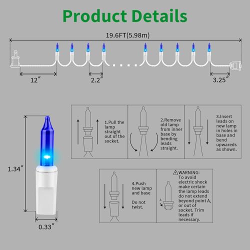 LAMPHOME Blue Christmas Lights Set 100 Count 19.6 Feet Incandescent Bulb Mini String Lights for Indoor Christmas Tree Garland Birthday Wedding Party Festival Decoration, White Wire - color: Blue-White Wire