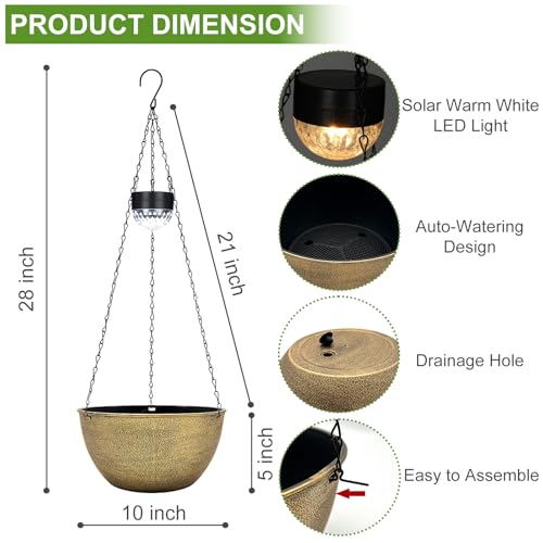 BAYN 2 Packs Solar Hanging Basket Planters for Plants Outdoor, Self Watering Copper Flower Plants Pots with Solar Light Drainer for Balcony Patio Garden Outdoor Decoration - color: Copper