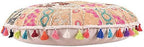 Indian Handmade Patchwork Codework White Round Pouf Cover Ottoman Floor Pillow Cushion Seating Throw Decorative Pom Pom Pillow Cases Bohemian 32 Inches